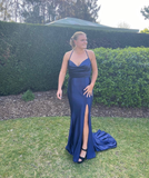Sexy Blue Mermaid Satin Long Slit Party Prom Dress HZ1023