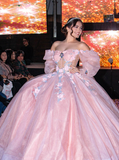 Romantic Poofy Pink Floral Wedding Dresses Off the Shoulder Ball Gown Quinceanera Dress HZ1023