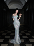 Shiny Mermaid Off the Shoulder Silver Sequin Long Evening Dress Ball Gown HZ1023