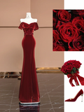 Burgundy Mermaid Off the Shoulder Sequin Velvet Long Prom Dress Party Dress HZ1023