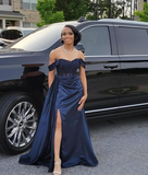 Off The Shoulder Navy Blue Satin Prom Dress HZ1023
