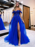 Sparkly Royal Blue Off The Shoulder Slit Long Prom Dresses, Tulle Evening Dress HZ1023