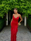 Red Exquisite Beaded Ruffle Flowy Chiffon Formal Party Dress Prom Dress Date Dress HZ1023