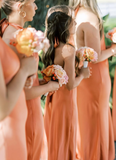 Elegant Sheath Halter Orange Satin Open Back Long Bridesmaid Dress Graduation Prom Dress HZ1023