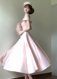 Princess Pink A Line Off the Shoulder Satin Long Party Dress Evening Dress HZ1023