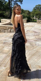 Sexy Backless Straps Black Chiffon Ruffles Slit Prom Dress Party Dress HZ1023