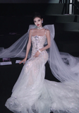 Rhinestone Exquisite Mermaid Spaghetti Strap Beaded Tulle Prom Dress Wedding Dress with Bow HZ1023