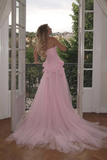 Charming Pink Strapless High Slit Flower Prom Dress HZ1023