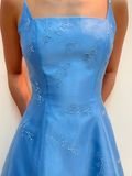 Vintage A Line Spaghetti Strap Beaded Blue Tulle Satin Prom Dress Evening Dress HZ1023