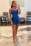 Blue Sequins Lace-Up Mini Homecoming Dress HZ1023