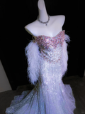 Exquisite Beaded Silver Sequin Mermaid Feather Tulle Date Dress Evening Dress Prom Dress HZ1023