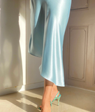 Simple Blue Sheath Spaghetti Strap Satin Open Back Prom Dress Party Dress HZ1023