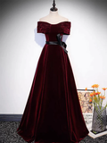 Burgundy Off The Shoulder Velvet Long Prom Dress HZ1023