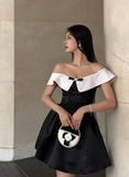 Stunning A Line Off the Shoulder White Black Satin Short Homecoming Dress Birthday Dress HZ1023