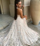 Stunning A Line Spaghetti Strap Star Sequin Tulle Long Prom Dress Evening Dress with Slit HZ1023