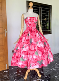 Vintage Pink A Line Strapless Print Flower Satin Prom Dress Evening Dress HZ1023