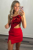 Red One-Shoulder Cutout Waist Homecoming Dress HZ1023