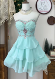 Vintage A Line Sweetheart Neck Layered Rhinestone Blue Chiffon Homecoming Dress Cocktail Dress HZ1023