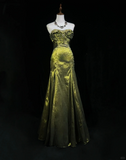 Retro Green Mermaid Strapless Beaded Pleated Satin Prom Dress Evening Dress HZ1023