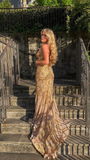 Unique Mermaid Golden Sequin Long Sweep Open Back Prom Dress Evening Dress HZ1023
