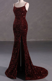 Burgundy Sequin Mermaid Backless Prom Dress Long Evening Dress HZ1023