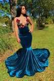 Mermaid V-Neck Applique Spaghetti Straps Long Prom Dress HZ1023