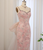 Pink Sheath Spaghetti Straps Rhinestone Sequin Tulle Prom Dress Evening Dress with Bow HZ1023