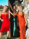Orange Sheath V Neck Sequin Long Birthday Dress Evening Dress HZ1023
