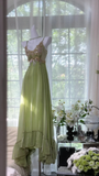 Dreamy Green Sequin Spaghetti Strap Chiffon Date Dress Evening Dress Wedding Guest Dress HZ1023