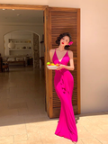 Hot Pink Sheath Spaghetti Strap Sexy Satin Long Prom Dress Evening Dress HZ1023