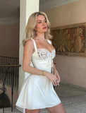 White A Line Straps Lace Satin Short Homecoming Dress Cocktail Dress HZ1023