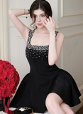 Classic Black Shiny Rhinestone A Line Straps Satin Short Homecoming Dress Cocktail Dress HZ1023