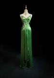 Elegant Green A Line Spaghetti Straps Beaded Pleated Satin Prom Dress Evening Dress HZ1023