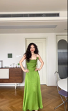Simple Green A Line Halter Satin Prom Dress Wedding Guest Dress HZ1023