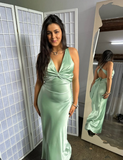 Green Simple Sheath V Neck Satin Open Back Prom Dress Evening Dress Formal Gown HZ1023