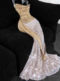Khaki Mermaid Strapless Sequin Satin Long Prom Dress Evening Dress HZ1023