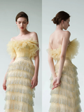 Yellow Sheath Strapless Layered Tulle Sequin Party Dress Prom Dress Formal Gown HZ1023