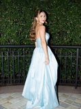 Baby Blue A Line V Neck Satin Short Long Prom Dress Evening Dress HZ1023