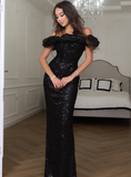 Sexy Black Sheath Off the Shoulder Sequin Prom Dress Formal Dress Party Dress HZ1023