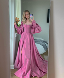 Pink A Line Long Sleeve Satin Long Prom Dress Evening Dress with Slit HZ1023
