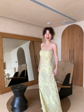 Vintage Light Yellow Sheath Strapless Beaded Satin Prom Dress Wedding Guest Dress HZ1023