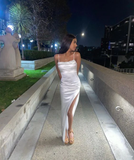 Simple White Satin Slit Prom Dress Long Party Dress HZ1023