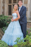 Light Blue Floral Long Prom Dresses Formal Graduation Evening Dresses HZ1023