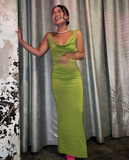 Charming Sheath Straps Green Satin Long Open Back Prom Dress Evening Dress HZ1023