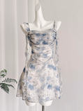 Gentle A Line Straps Blue Print Flower Chiffon Short Homecoming Dress Cocktail Dress HZ1023