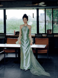 Green Sheath Halter Pleated Tulle Satin Open Back Prom Dress Evening Dress HZ1023