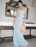 Baby Blue Sheath Strapless Layered Lace Tulle Prom Dress Evening Dress HZ1023