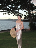 Silver Grey Sheath Strapless Satin Long Prom Dress Formal Gown Party Dress HZ1023