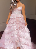 Princess A Line Sweetheart Neck Corset Appliques Pink Tulle Prom Dress Evening Dress HZ1023