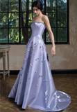 Romantic Purple A Line Strapless Appliques Satin Long Evening Dress Gown Dress HZ1023